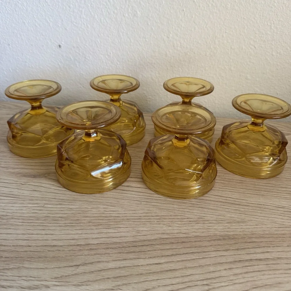 6 Anchor Hocking Fairfield Amber Low Sherbet Set Vintage Honey Gold Stemware Lot